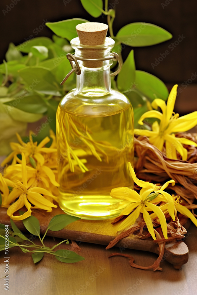 Ylang-ylang or cananga odorata flower and essential oil on nature background