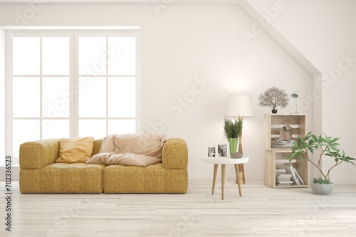 White living room with sofa. Scandinavian interior design. 3D illustration