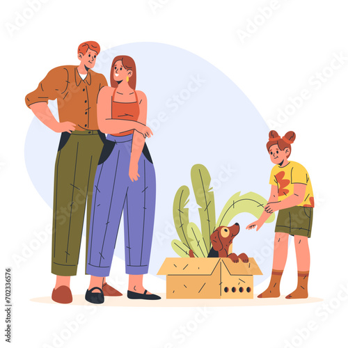 Illustration of family gifting dog or puppy to child or kid. Vector image of couple with doggy animal in carton box. Package with domestic canine animal. Veterinary adoption help concept. Pet present