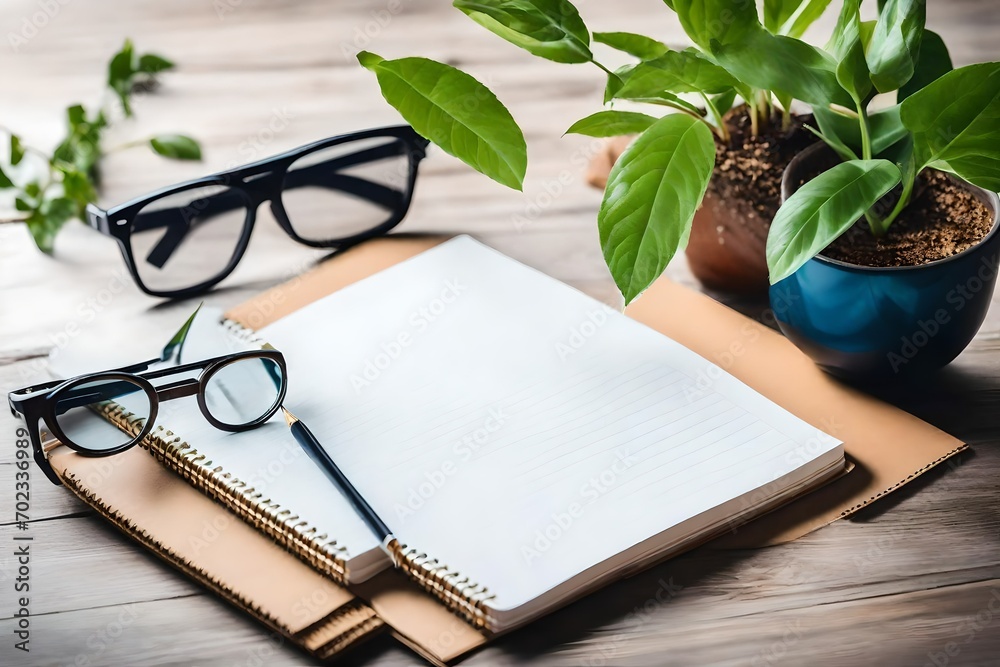 Fototapeta premium notebook with glasses and pen, Notepad with pencil, glasses, note sheet and plant stock photo