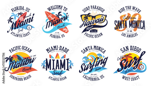 Set of isolated labels for ocean beach surf. Badge or logo for Miami,Santa Monica, Hawaii summer advertising. Surfer print for t-shirt. Emblem with surf board for vacation travel. American branding