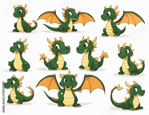 Cute cartoon dragon character with different poses. Set of dragons isolated on white background.