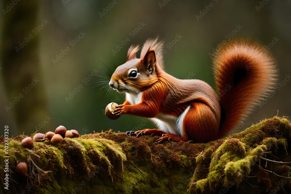 squirrel eating nut, Red squirrel sitting on a moss covered branch holding a hazelnut in Scottish woodland stock photo