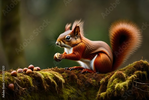 squirrel eating nut, Red squirrel sitting on a moss covered branch holding a hazelnut in Scottish woodland stock photo