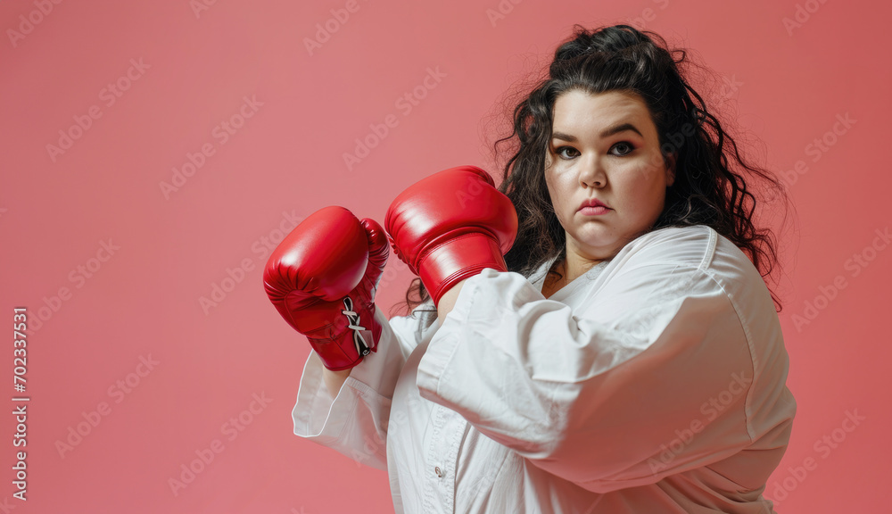 Fat girl in white kimono and red boxing gloves on a coloured background Fat girl in white kimono and red boxing gloves on a coloured background