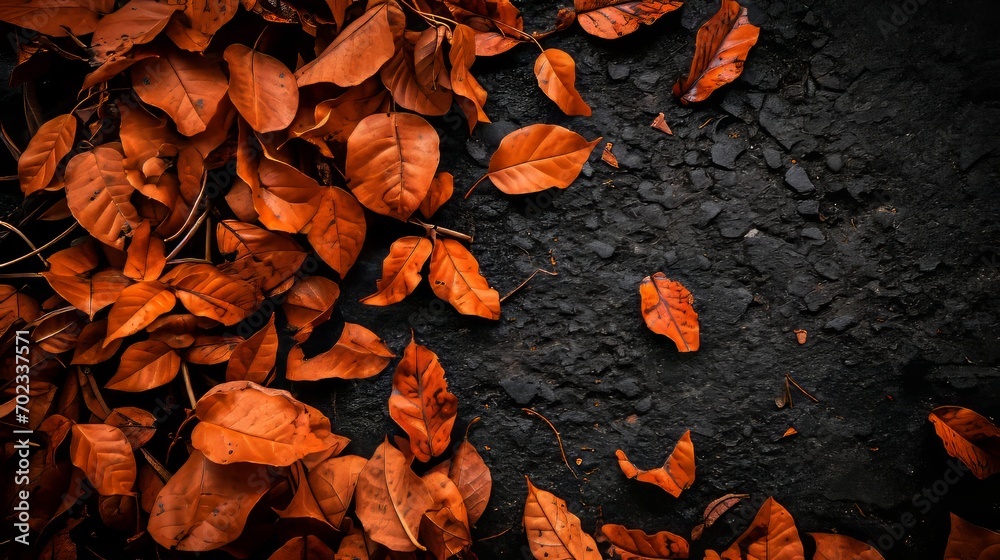 Orange autumn leaves on black asphalt texture background, autumn composition, banner, copy space Orange autumn leaves on black asphalt texture background, autumn composition, banner, copy space