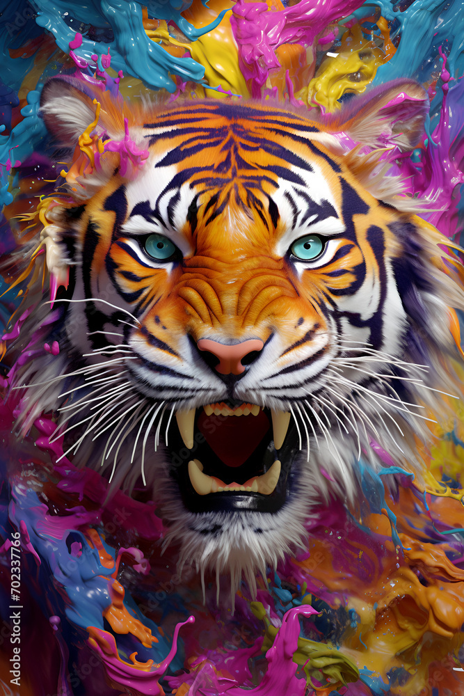 Tiger head, colorful psychedelic wavy colourful background