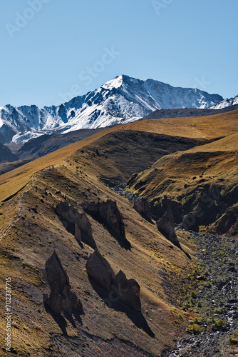 Russia, the North Caucasus. View of the amazing crumbling peak-shaped formations of sedimentary rocks at the foot of Elbrus.