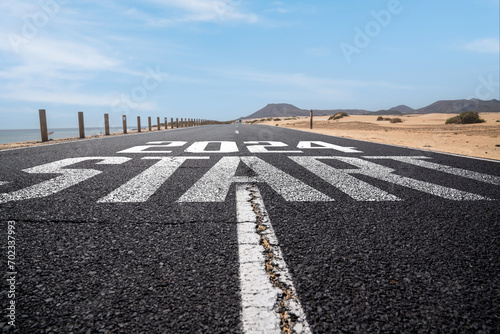 2024 start written on road. 3d rendering of wording 2024 with nice backbround view photo