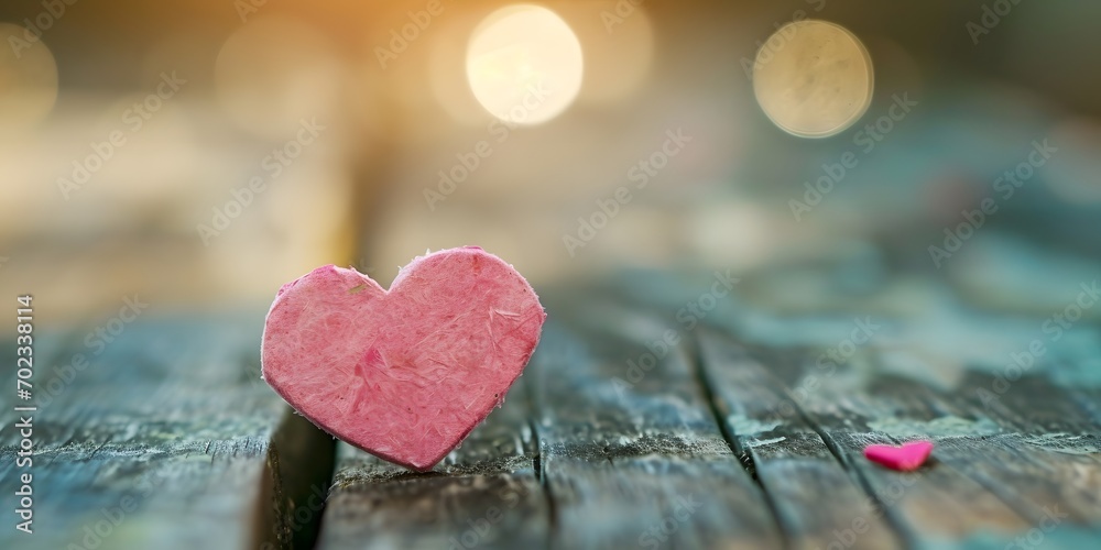 Fototapeta premium Pink heart on wooden empty table valentine day bokeh background - Generative ai