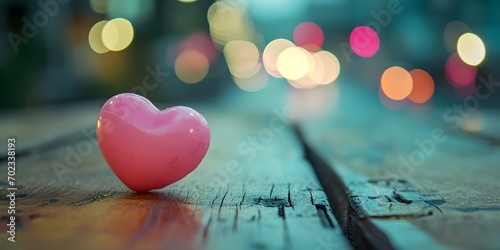 Pink heart on wooden empty table valentine day bokeh background - Generative ai