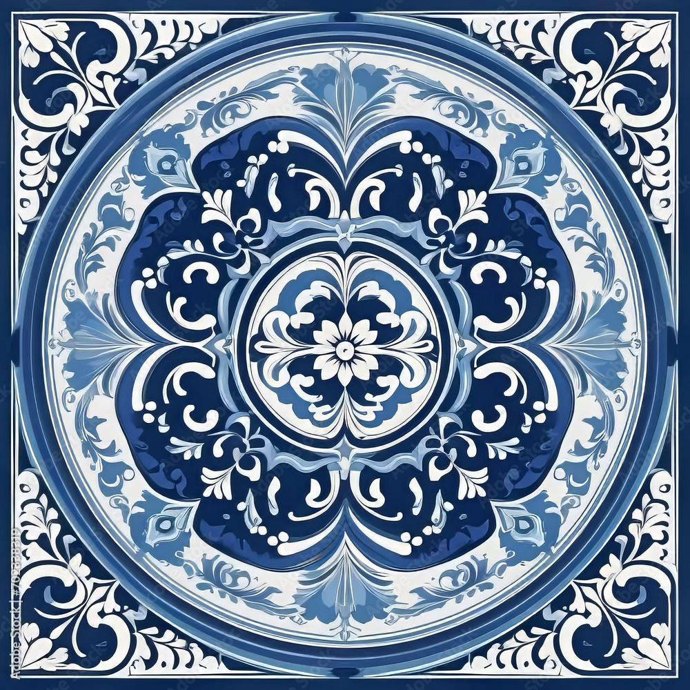 Fototapeta premium Mediterranean blue tile patterns, Portuguese tile patterns, ceramic tile pattern for kitchen, bathroom,
