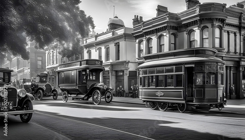Old black and white street photographs of the Victorian era city, photo
