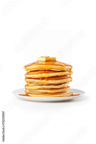 pancakes in stack on plate, bushy honey or jam, butter, isolated on white background