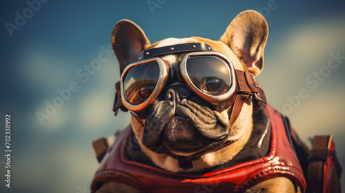 Close up of a funny French bulldog with goggles