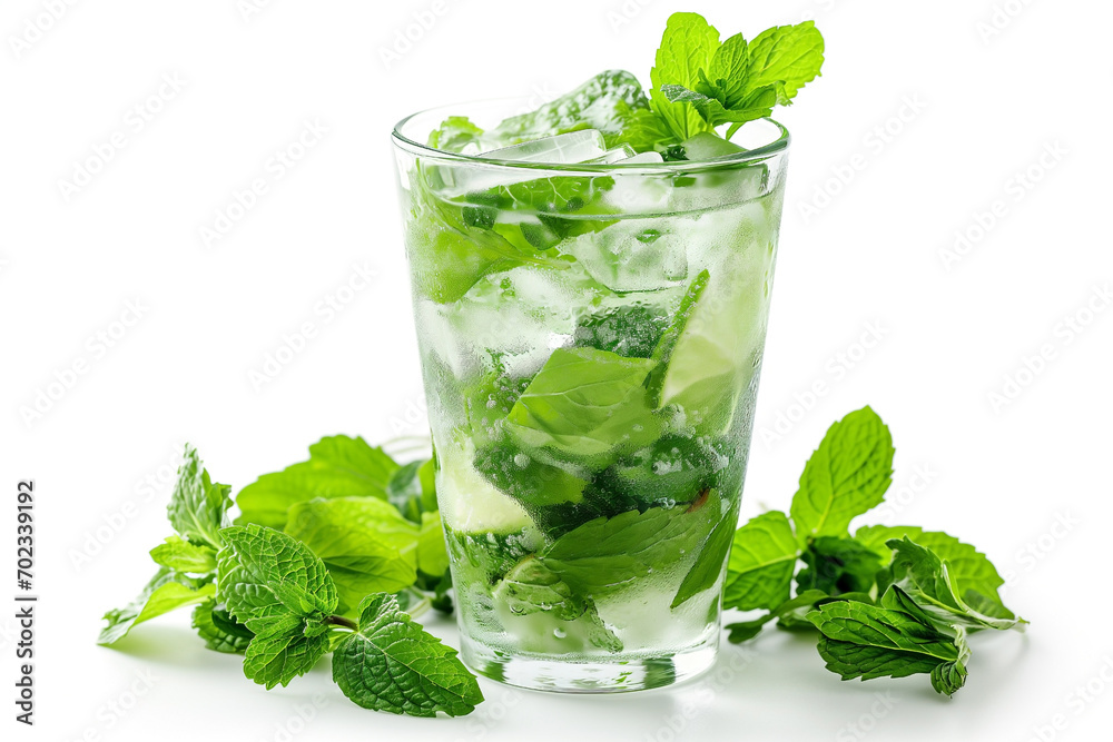 mojito drink in glass with ice and mint isolated on white background