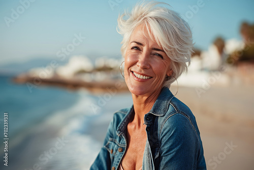 Smiling mature woman at the beach, happy, joyful, enjoying sunny weather near the ocean, natural and relaxed senior lifestyle