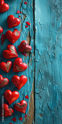 Red hearts on blue wooden background. Valentine's Day backdrop