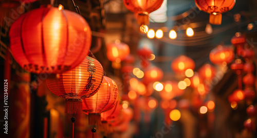 Happy chinese new year with traditional red lantern hanging for celebration, blurred street night background with copy space