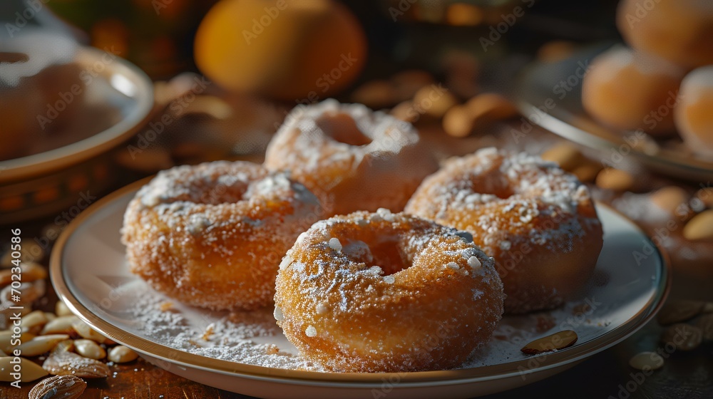 Homemade donuts with icing sugar and almonds on a wooden table