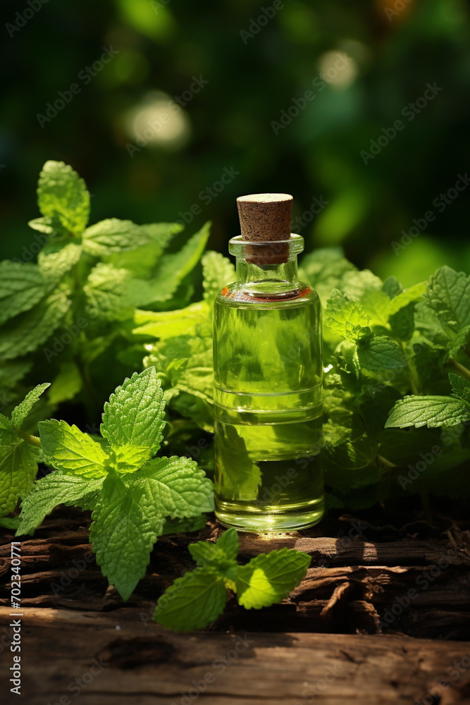 Peppermint essential oil in a small bottle Peppermint essential oil in a small bottle
