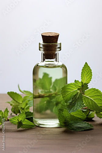 Peppermint essential oil in a small bottle