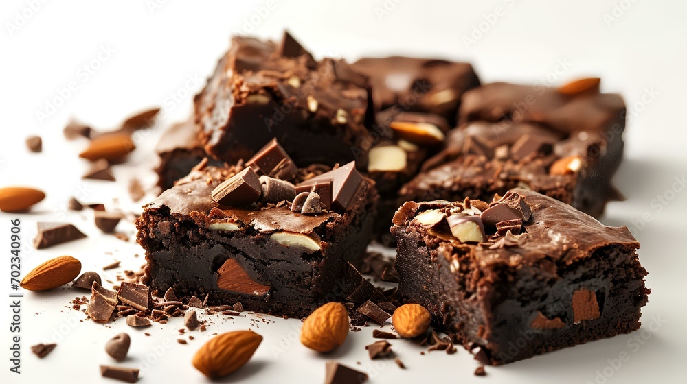 Chocolate brownies with almonds and chocolate shavings on white background Chocolate brownies with almonds and chocolate shavings on white background