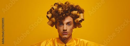 Man with curlers in his hair on yellow background, generative AI photo