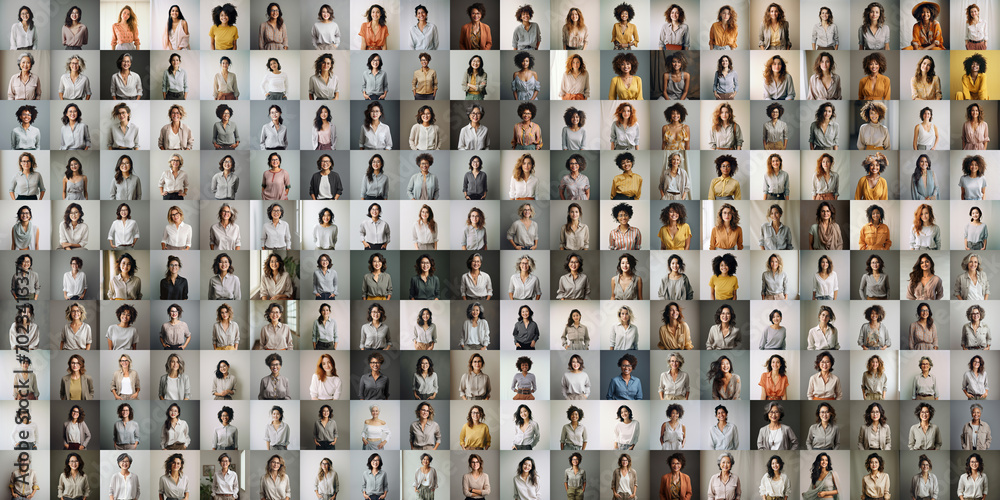 200 diverse happy women fashion portraits, a lot of different female faces collage. Multiethnic businesswomen staff people, many stylish african, asian, indian and european ladies set montage mosaic. - obrazy, fototapety, plakaty 
