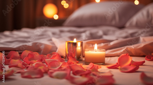 Fototapeta Naklejka Na Ścianę i Meble -  aromatic candles on the bed plan and rose petals. romantic