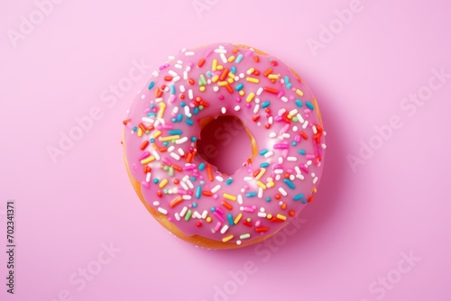 Single pink glazed donut with colorful sprinkles on the pink background