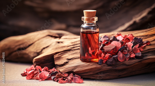 bottle, jar with rosewood essential oil extract photo