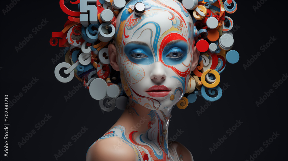 Fototapeta premium Künstlerisches Portrait einer Frau mit bunt bemaltem Gesicht und bunten 3D-Formen als Frisur, vor schwarzem Hintergrund. Abstrakte Illustration