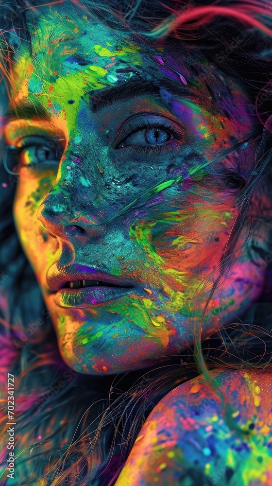 Woman with Expressive Eyes has a Neon Colors Face looking Wild Untamed - Joyful Abstract Aurora Borealis Brush Paint with Psychedelic Elements - Girl Background created with Generative AI Technology