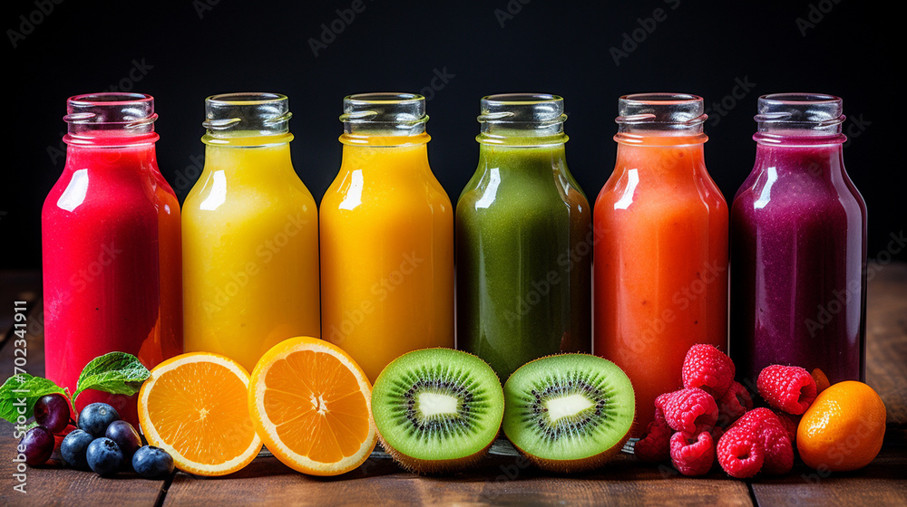 Smoothies from fresh fruits of different colors and flavors in glass jars.