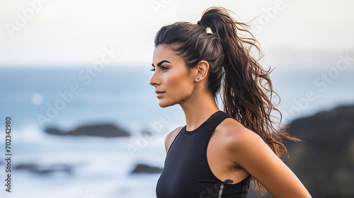 Woman in sporty attire with a high ponytail looking contemplatively by the sea.