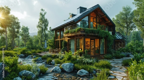 Cozy chalet in the garden with beautiful landscaping.