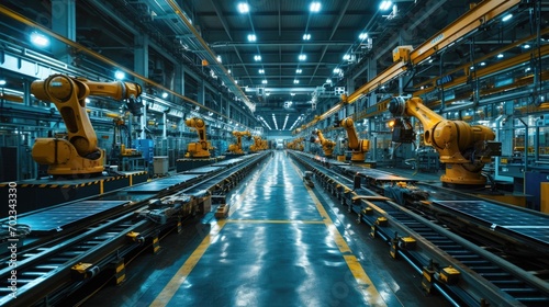 Production line of the factory for the production of robots and automated machinery. Industrial background photo