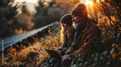 Couple of mature hikers using digital tablet in the autumn forest. Lifestyle concept.