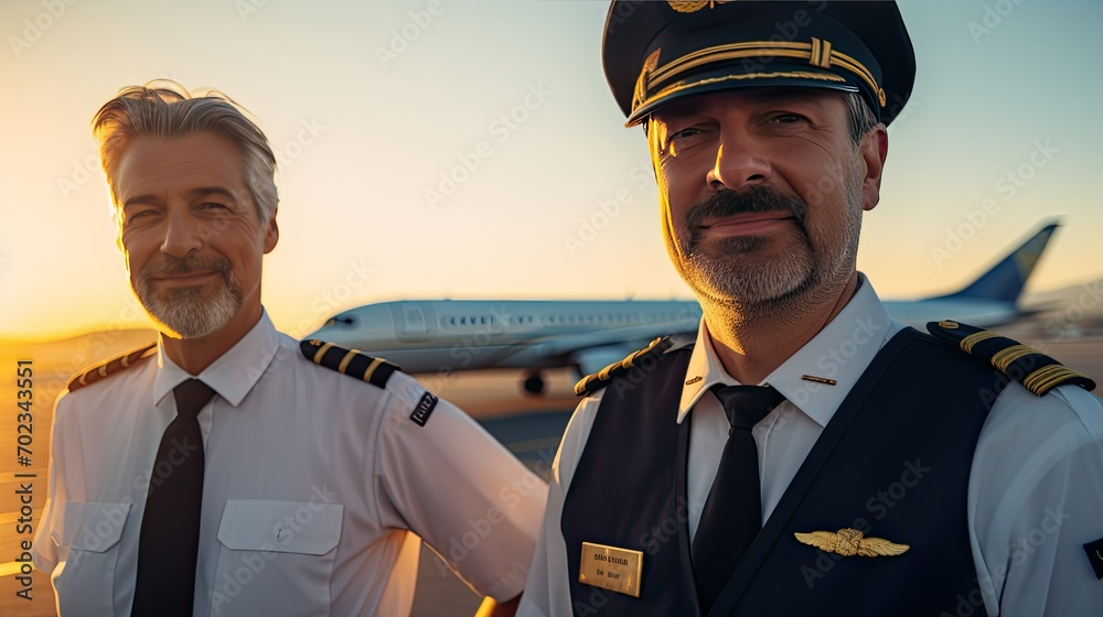 Airline pilots in uniform, conducting pre-flight checks