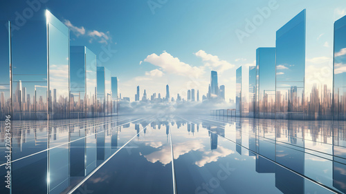 Futuristic city skyline with reflective glass buildings and clouds