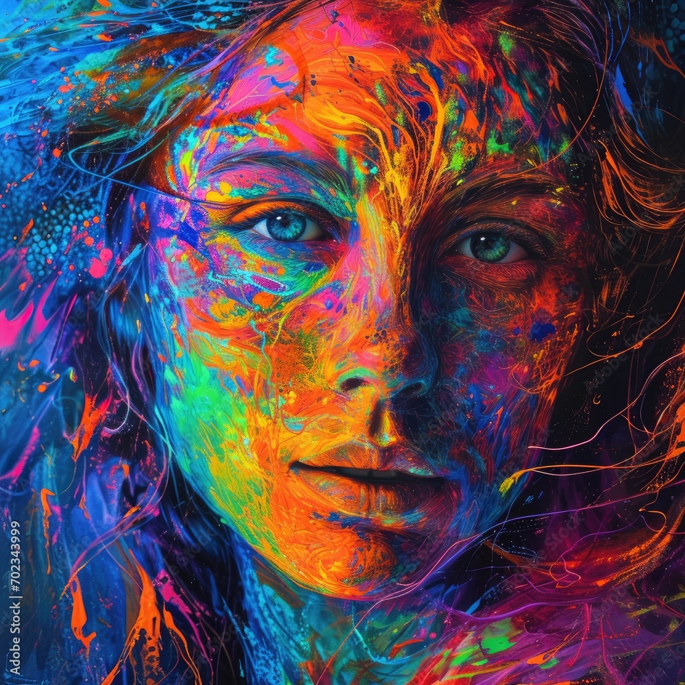 Woman with Expressive Eyes has a Neon Colors Face looking Wild Untamed - Joyful Abstract Aurora Borealis Brush Paint with Psychedelic Elements - Girl Background created with Generative AI Technology