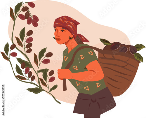 Woman coffee farmer carrying basket with coffee beans. Coffee harvesting and manufacturing. Design element for packaging.