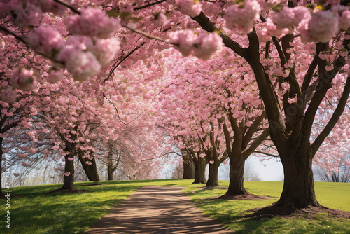 Spring landscape with blooming cherry trees and green grass