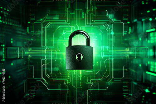 Green lock and secured digital data. Internet security technology metaphor. 3D render