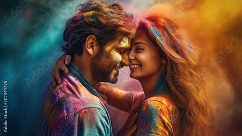Beautiful young couple in love celebrating holi festival with colored powder.