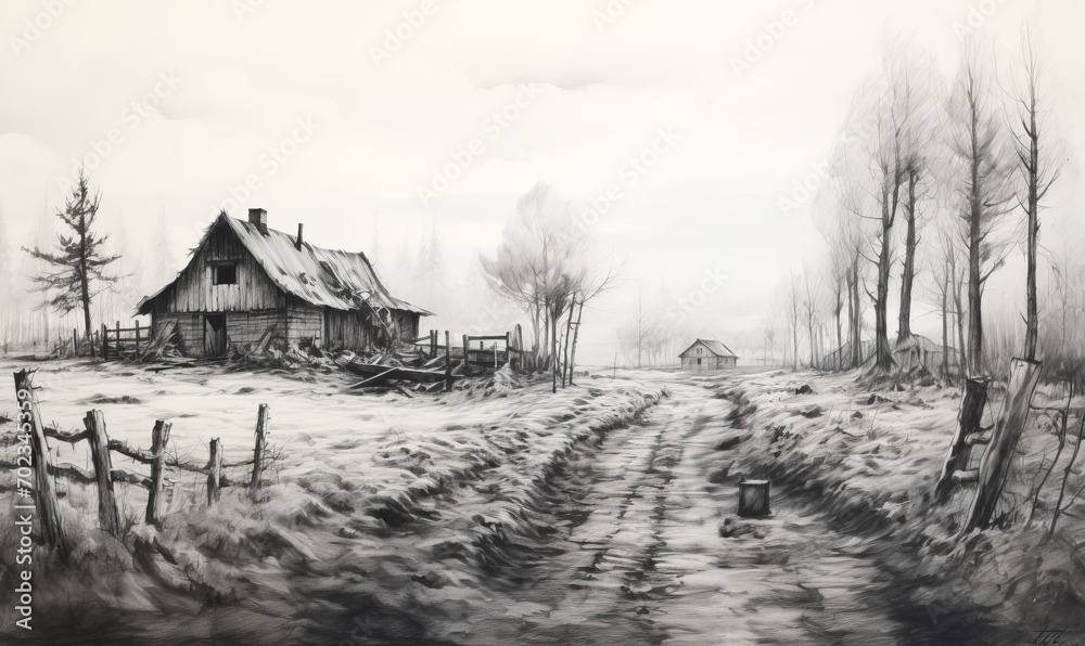 Black and white pencil drawing of a natural landscape. Black and white pencil drawing of a natural landscape.