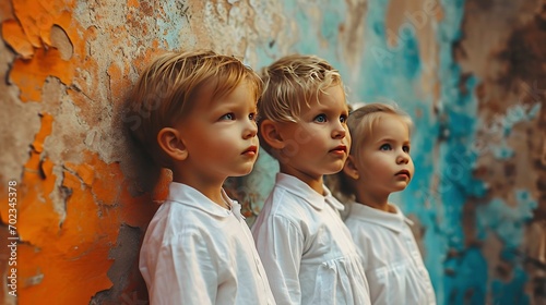 Three adorable little children dressed in white shirts standing behind a wall