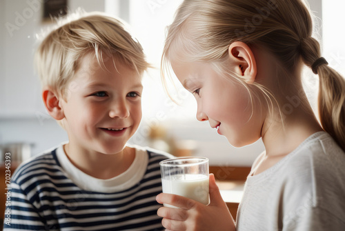 The happiness a boy, and a girl, looking happy, smiling, both drinking milk. strong health, strengthening bones, nourishing the brain, and bright skin. Concept of health and physical health