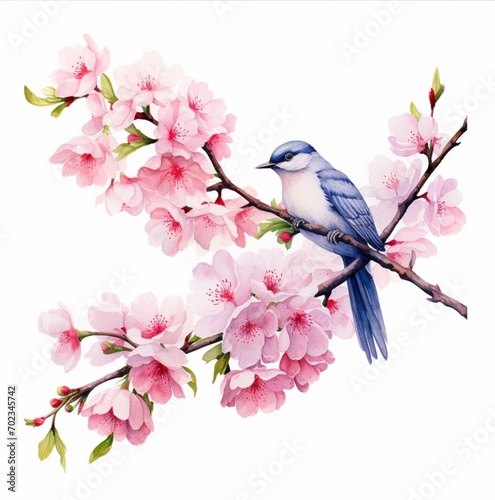 Watercolor cherry blossoms sakura branches. The bird is sitting on a branch